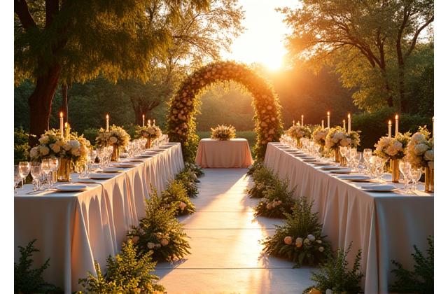 Escenario elegante y discreto en una boda, con altavoces pequeños blancos, micrófonos a juego y una mesa de mezcla casi imperceptible, enmarcado por flores.
